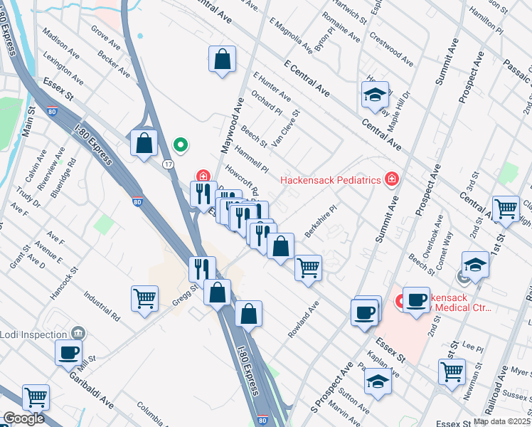 map of restaurants, bars, coffee shops, grocery stores, and more near 1ST 2nd Street in Maywood