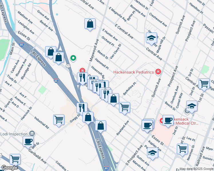 map of restaurants, bars, coffee shops, grocery stores, and more near 20 Maybrook Drive in Maywood