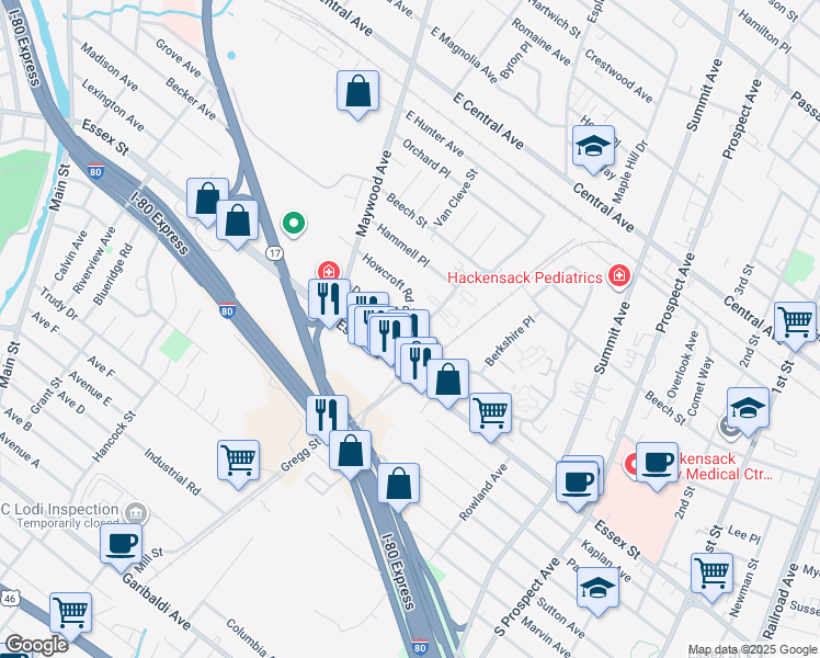map of restaurants, bars, coffee shops, grocery stores, and more near 20 Maybrook Drive in Maywood
