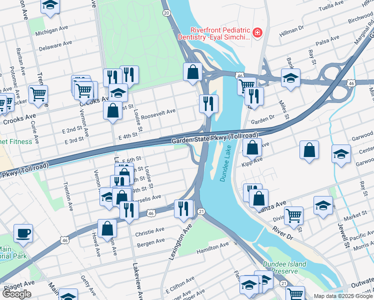 map of restaurants, bars, coffee shops, grocery stores, and more near 14 East 7th Street in Clifton
