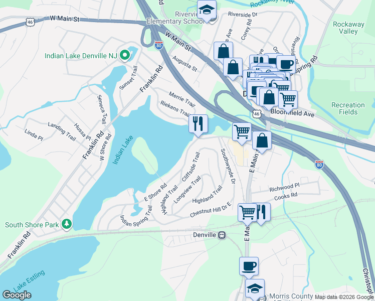 map of restaurants, bars, coffee shops, grocery stores, and more near 23 East Shore Road in Denville