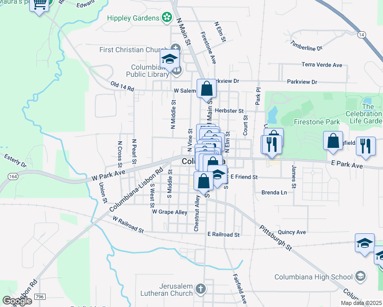 map of restaurants, bars, coffee shops, grocery stores, and more near 107 Columbiana-Lisbon Road in Columbiana