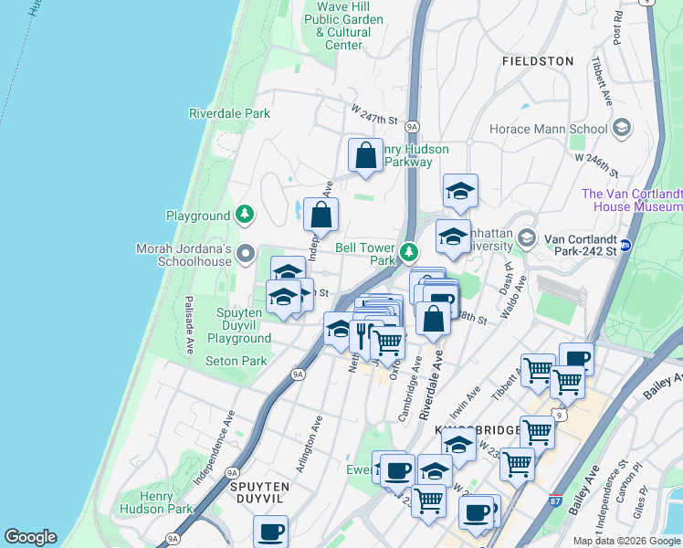 map of restaurants, bars, coffee shops, grocery stores, and more near 3701 Henry Hudson Parkway in Bronx