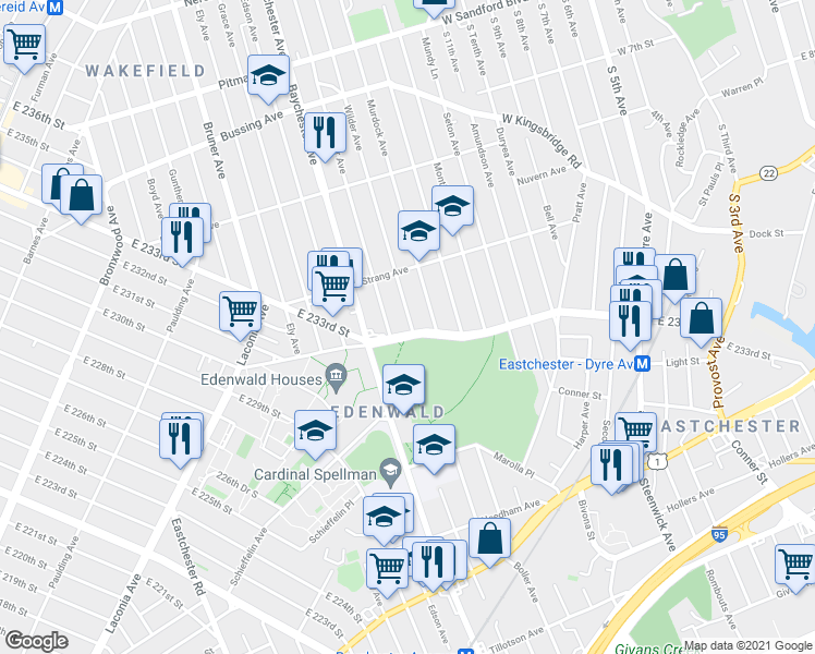map of restaurants, bars, coffee shops, grocery stores, and more near 1261 East 233rd Street in Bronx