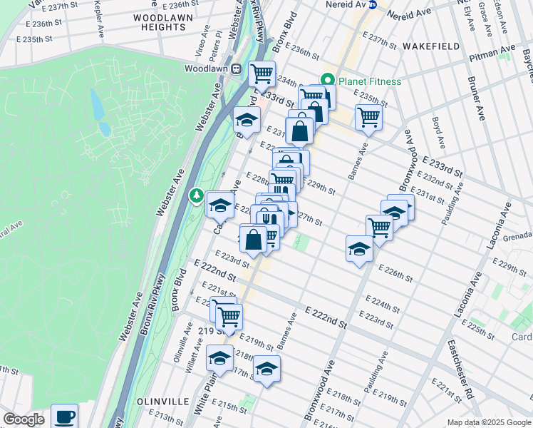map of restaurants, bars, coffee shops, grocery stores, and more near in The Bronx