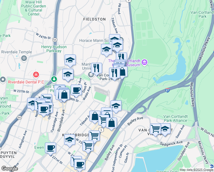 map of restaurants, bars, coffee shops, grocery stores, and more near 4562 Manhattan College Parkway in The Bronx