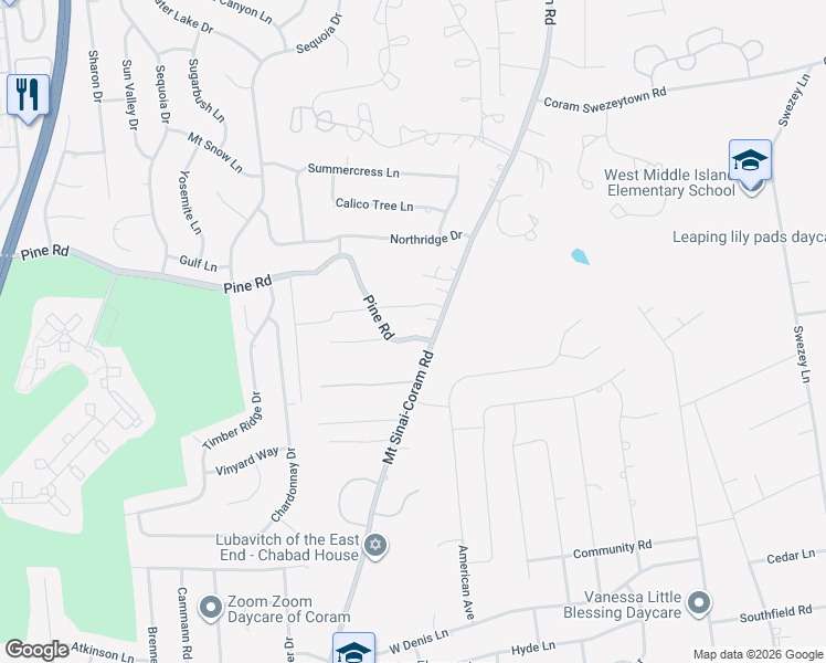 map of restaurants, bars, coffee shops, grocery stores, and more near 130 Mount Sinai-Coram Road in Coram