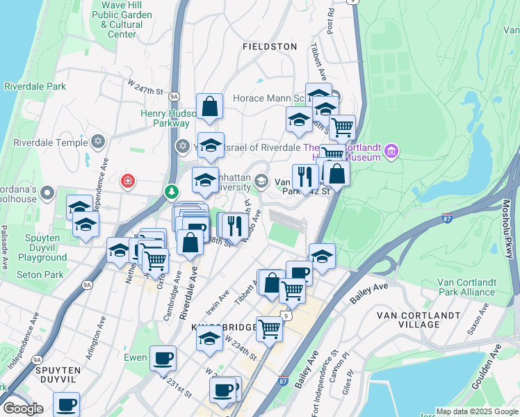 map of restaurants, bars, coffee shops, grocery stores, and more near 3900 Waldo Avenue in Bronx