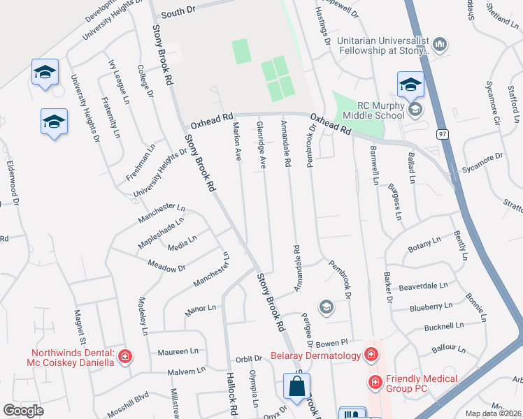 map of restaurants, bars, coffee shops, grocery stores, and more near 15 Marion Avenue in Stony Brook
