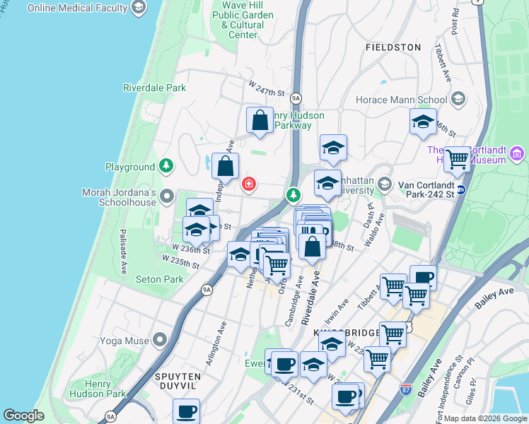 map of restaurants, bars, coffee shops, grocery stores, and more near 3725 Henry Hudson Parkway East in The Bronx