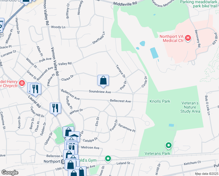 map of restaurants, bars, coffee shops, grocery stores, and more near 63 Soundview Avenue in East Northport
