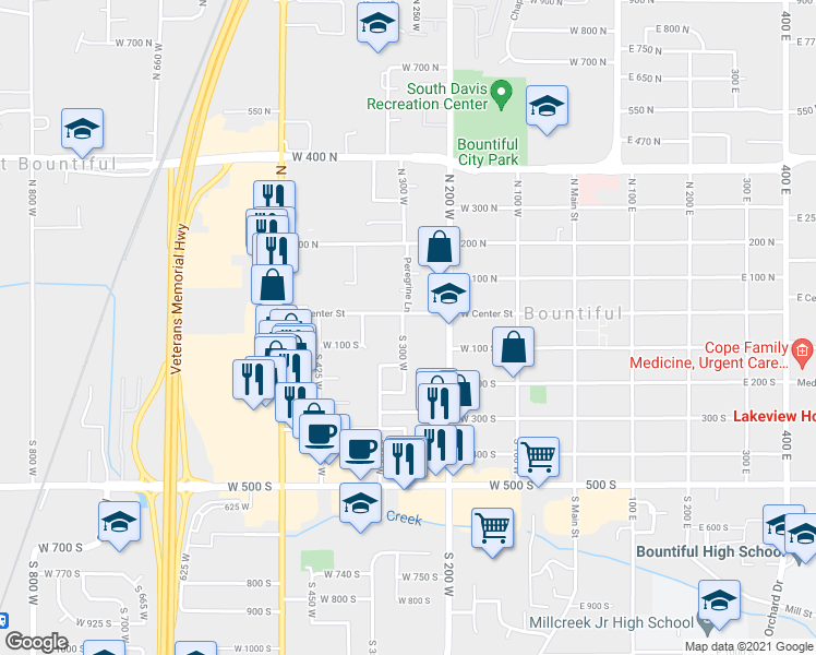 map of restaurants, bars, coffee shops, grocery stores, and more near 33 South 300 West in Bountiful