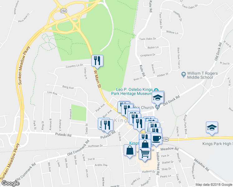 map of restaurants, bars, coffee shops, grocery stores, and more near 52 Terrill Lane in Kings Park