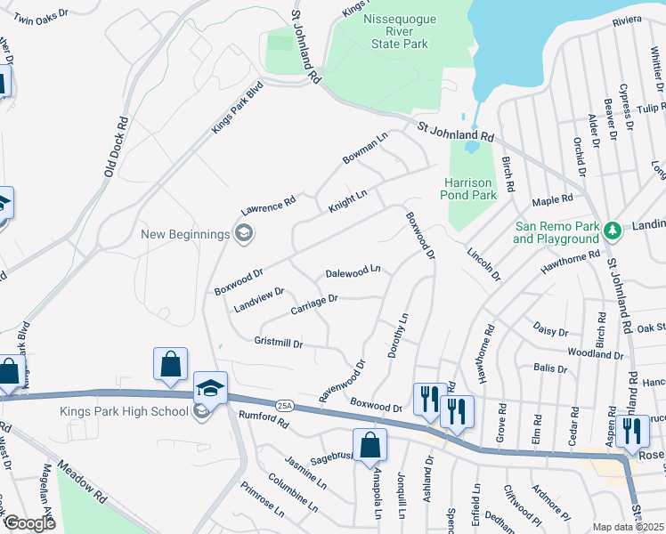 map of restaurants, bars, coffee shops, grocery stores, and more near 8 Dalewood Lane in Kings Park