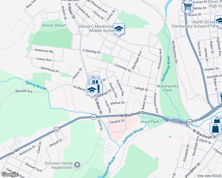map of restaurants, bars, coffee shops, grocery stores, and more near 47 Downs Avenue in Wharton