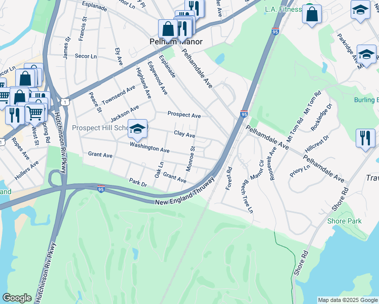map of restaurants, bars, coffee shops, grocery stores, and more near 1105 Washington Avenue in Pelham Manor