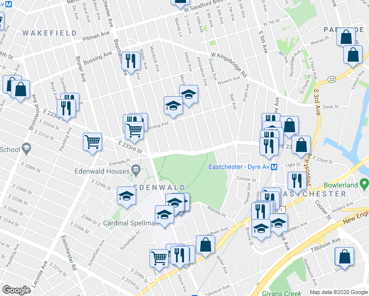 map of restaurants, bars, coffee shops, grocery stores, and more near in The Bronx