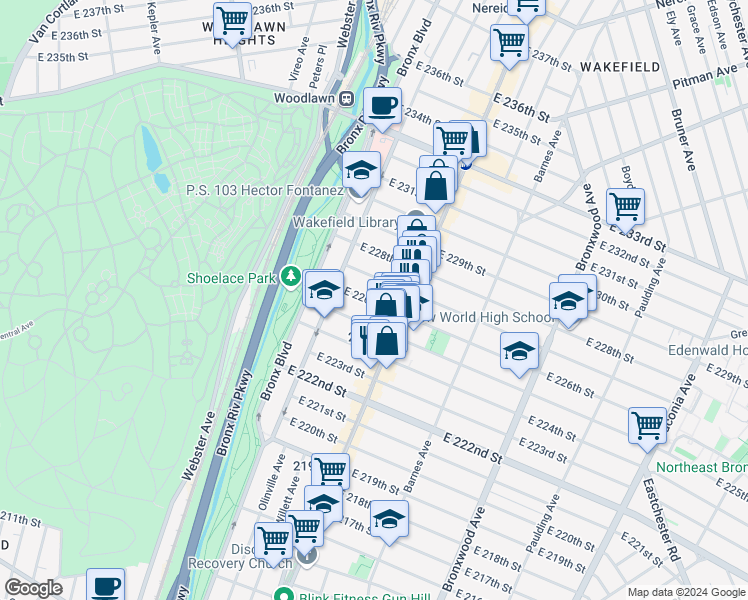 map of restaurants, bars, coffee shops, grocery stores, and more near 669 East 225th Street in The Bronx