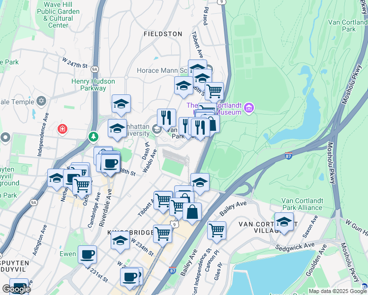 map of restaurants, bars, coffee shops, grocery stores, and more near 4562 Manhattan College Parkway in The Bronx