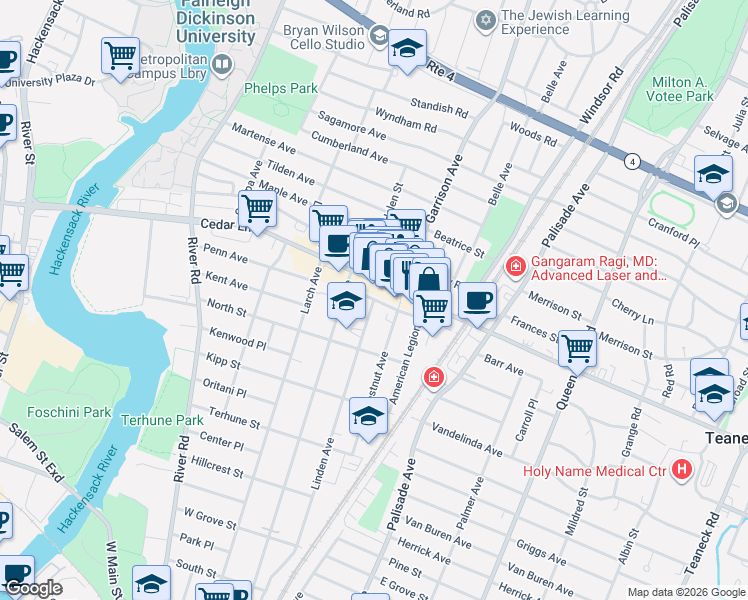 map of restaurants, bars, coffee shops, grocery stores, and more near 709 Linden Avenue in Teaneck