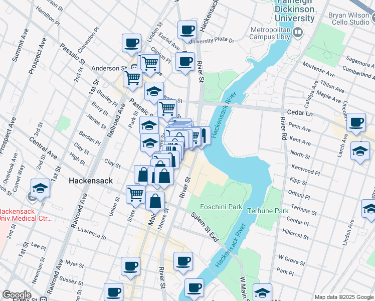map of restaurants, bars, coffee shops, grocery stores, and more near 306 Main Street in Hackensack