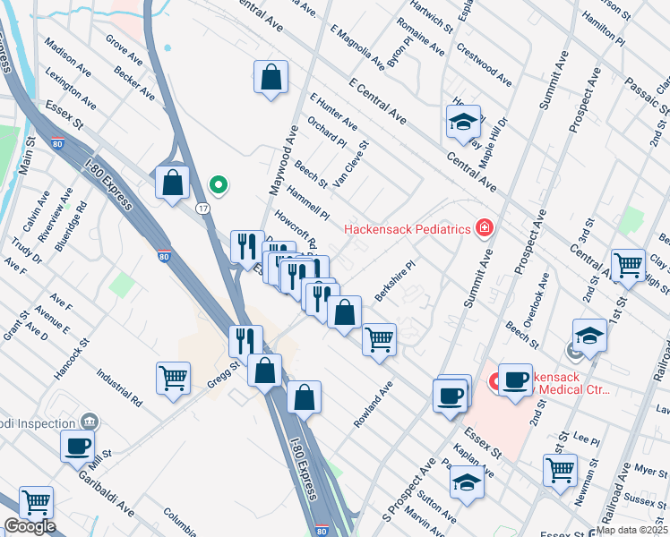 map of restaurants, bars, coffee shops, grocery stores, and more near 1ST 2nd Street in Maywood