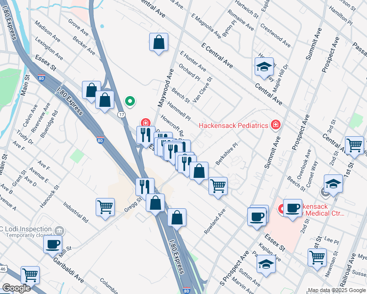 map of restaurants, bars, coffee shops, grocery stores, and more near 20 Maybrook Drive in Maywood
