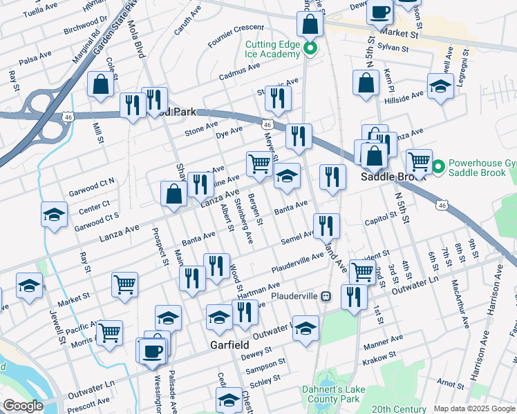 map of restaurants, bars, coffee shops, grocery stores, and more near 389 Banta Avenue in Garfield