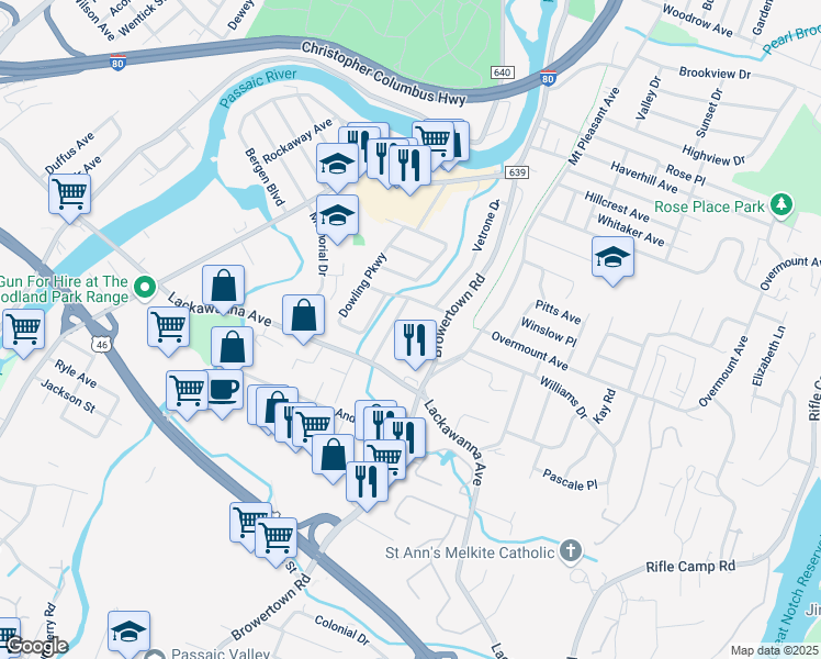 map of restaurants, bars, coffee shops, grocery stores, and more near 22 Mulroony Circle in Woodland Park