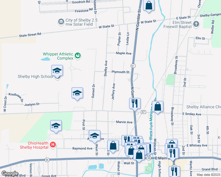 map of restaurants, bars, coffee shops, grocery stores, and more near 35 Jeffery Avenue in Shelby