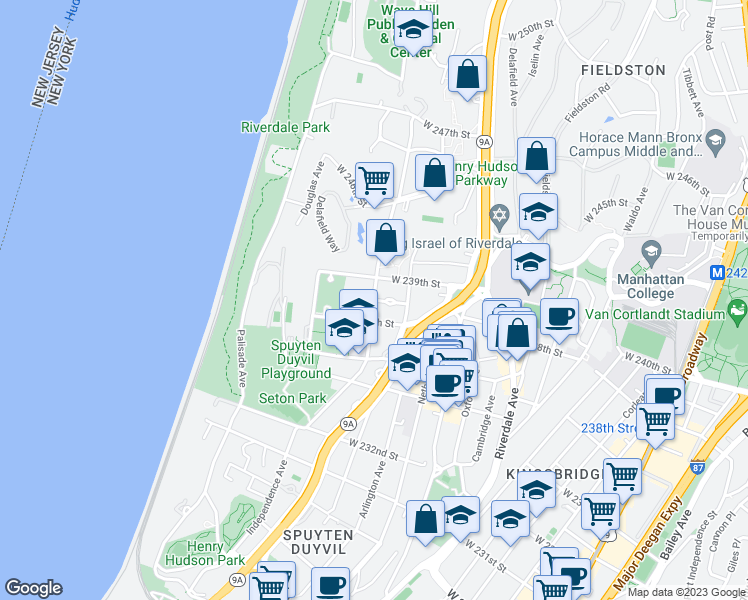 map of restaurants, bars, coffee shops, grocery stores, and more near Independence Ave & W 238th St in Bronx
