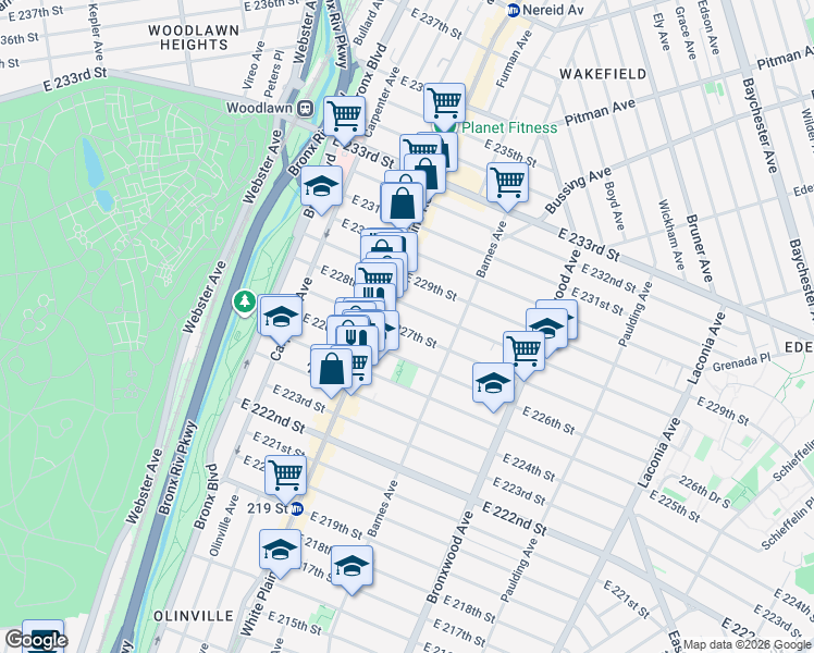 map of restaurants, bars, coffee shops, grocery stores, and more near 734 East 227th Street in Bronx