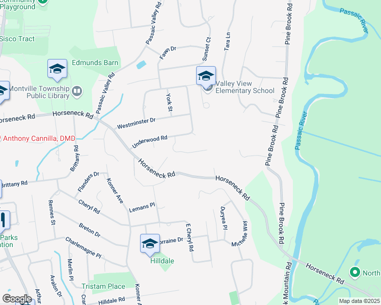 map of restaurants, bars, coffee shops, grocery stores, and more near Valley View Drive in Montville