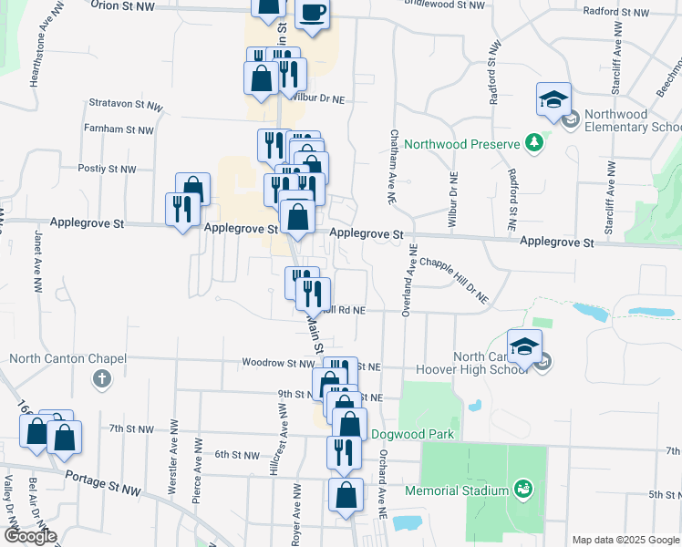 map of restaurants, bars, coffee shops, grocery stores, and more near 110 Peach Street Northeast in North Canton