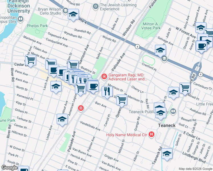 map of restaurants, bars, coffee shops, grocery stores, and more near 333 Frances Street in Teaneck