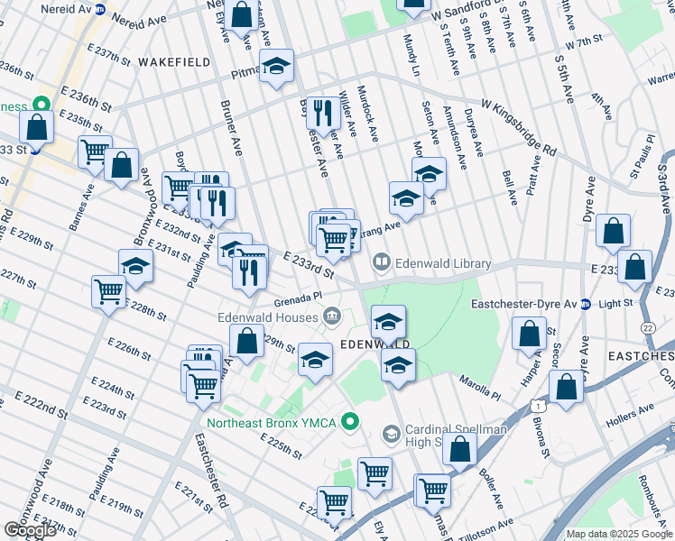 map of restaurants, bars, coffee shops, grocery stores, and more near 1173 Grenada Place in Bronx