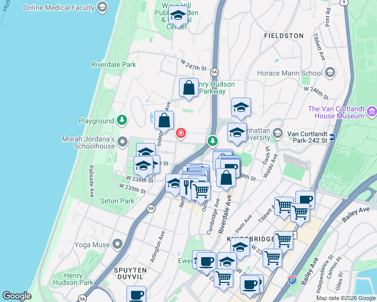 map of restaurants, bars, coffee shops, grocery stores, and more near 3725 Henry Hudson Parkway East in The Bronx