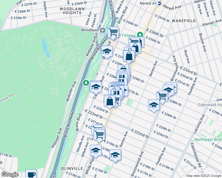map of restaurants, bars, coffee shops, grocery stores, and more near 669 East 225th Street in Bronx
