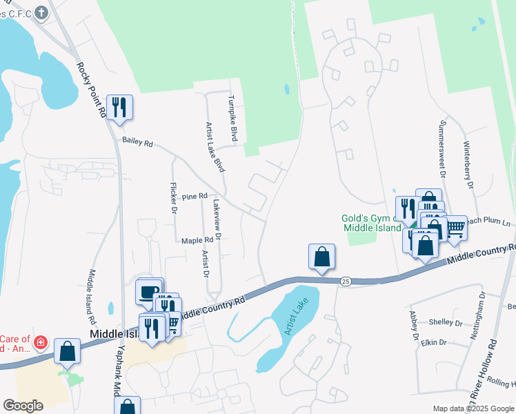 map of restaurants, bars, coffee shops, grocery stores, and more near 12 Bailey Court in Middle Island
