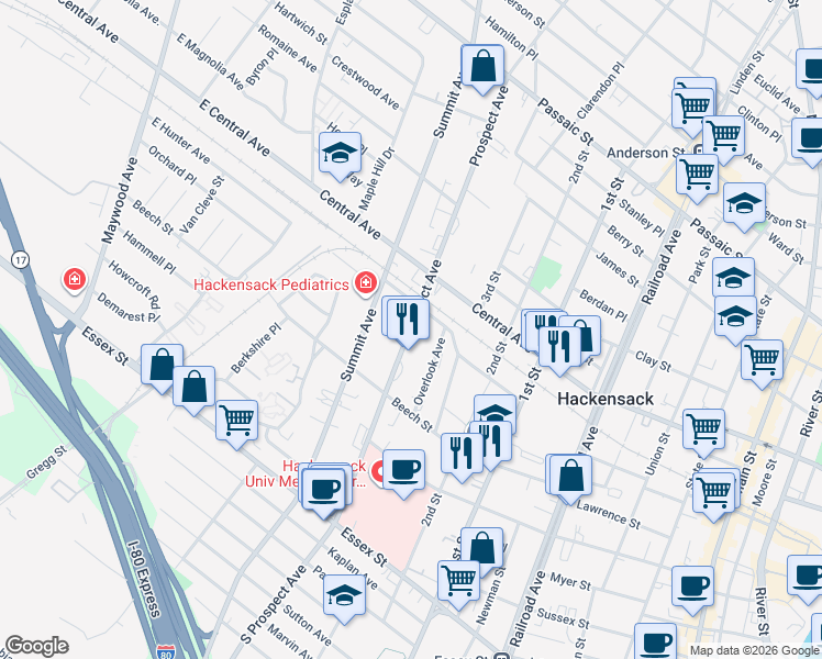 map of restaurants, bars, coffee shops, grocery stores, and more near 170 Prospect Avenue in Hackensack