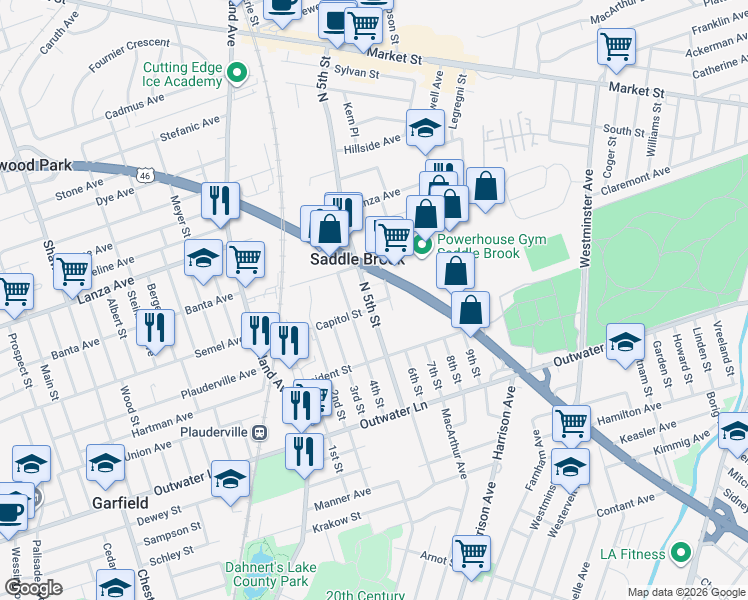 map of restaurants, bars, coffee shops, grocery stores, and more near 260 4th Street in Saddle Brook