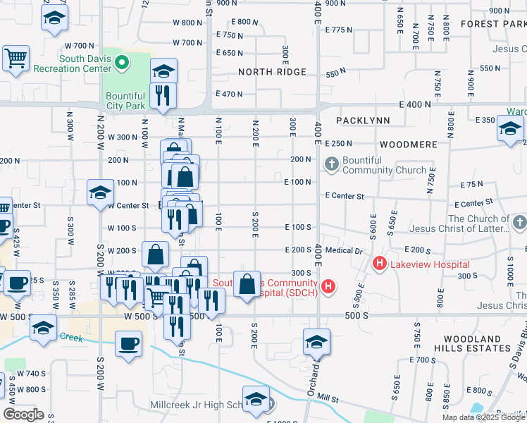 map of restaurants, bars, coffee shops, grocery stores, and more near 207 East 100 South in Bountiful