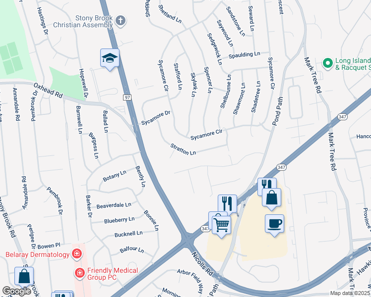 map of restaurants, bars, coffee shops, grocery stores, and more near 20 Stratton Lane in Stony Brook
