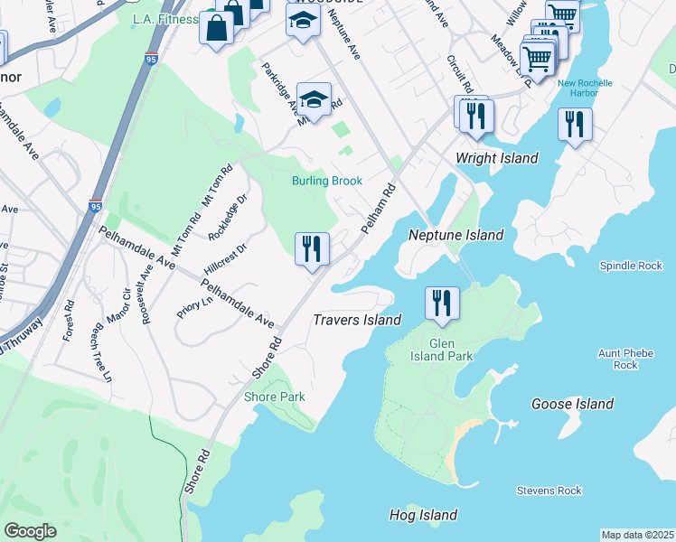 map of restaurants, bars, coffee shops, grocery stores, and more near 730 Pelham Road in New Rochelle