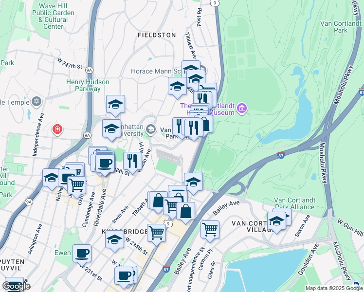 map of restaurants, bars, coffee shops, grocery stores, and more near 4562 Manhattan College Parkway in The Bronx