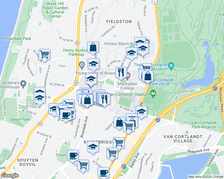 map of restaurants, bars, coffee shops, grocery stores, and more near 3853 Waldo Avenue in Bronx