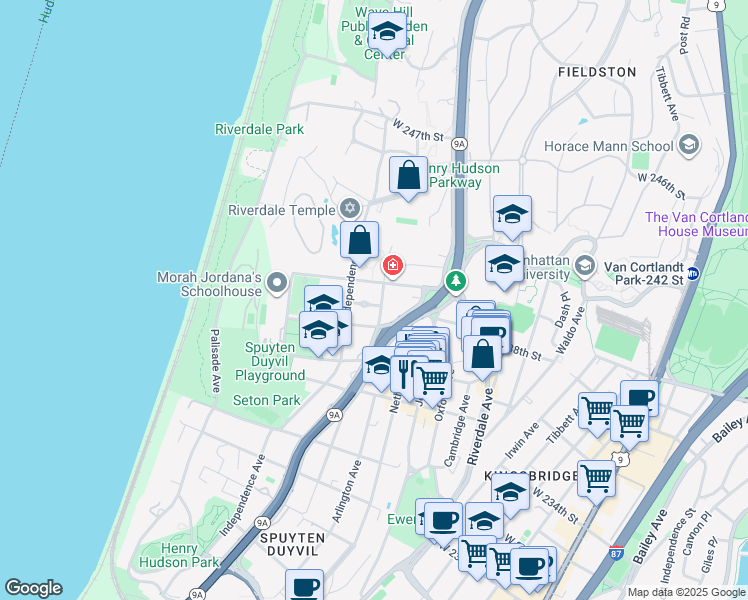 map of restaurants, bars, coffee shops, grocery stores, and more near 636 West 238th Street in Bronx