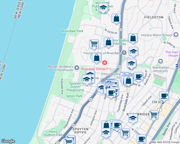 map of restaurants, bars, coffee shops, grocery stores, and more near 3777 Independence Avenue in Bronx
