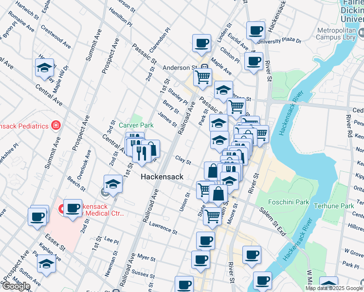 map of restaurants, bars, coffee shops, grocery stores, and more near 134 Clay Street in Hackensack