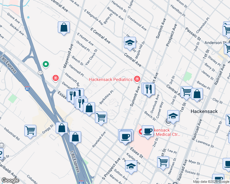 map of restaurants, bars, coffee shops, grocery stores, and more near 95 Cambridge Terrace in Hackensack